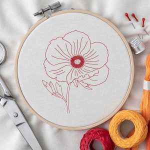 Poppy Borduurontwerp, DIY Hand Stitch Floral Redwork Patroon PDF, Instant Download, Augustus Geboorte Bloem Handwerk Ambachtelijk Project