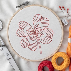 Vierblättriges Kleeblatt, Stickmuster, DIY Handstich Redwork Muster PDF, Instant Download, Stickdatei Viel Glück Handarbeiten