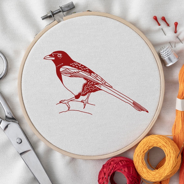 Magpie Bird Embroidery Design, DIY Hand Stitch Redwork Pattern PDF, Instant Download, Bird Needlework Craft Project