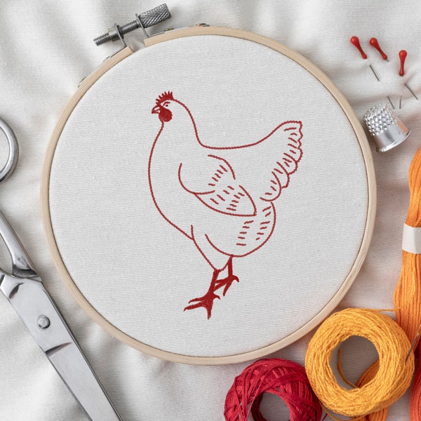 Chicken Embroidery Design, DIY Hand Stitch Redwork Pattern PDF, Instant Download, Farm Animal Needlework Craft Project