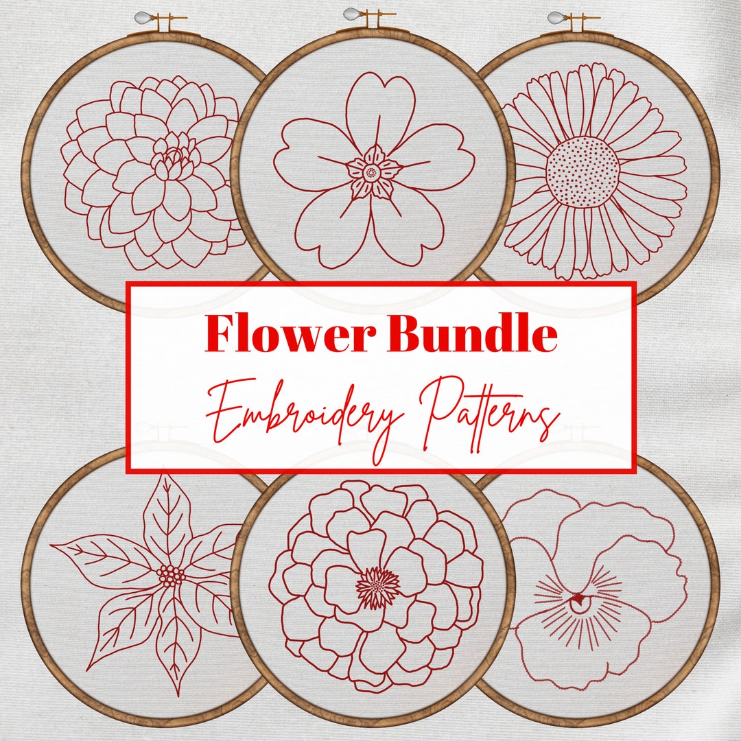 Flower Hand Embroidery Designs, Floral Bundle Redwork Pattern PDF ...