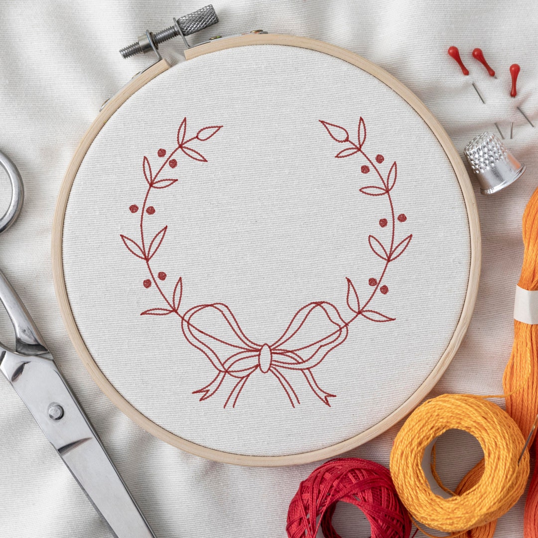 Wreath Embroidery Design, DIY Hand Stitch Redwork Pattern PDF, Instant ...