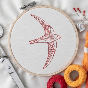 Swift Bird Embroidery Design, DIY Hand Stitch Redwork Pattern PDF, Instant Download, Flying Bird Needlework Craft Project
