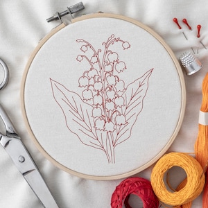 Motif de broderie muguet, bricolage au point à la main motif floral redwork PDF téléchargement immédiat, projet d'artisanat de couture fleur de naissance de mai