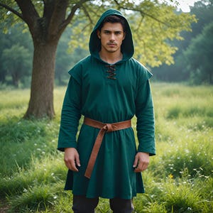 Norse-Inspired Medieval Green Hooded Tunic | Renaissance Festival Cosplay Costume | Fantasy Elf Festival Outfit | Rustic Adventure Wear