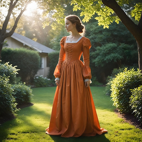 Renaissance Inspired Orange Gown Dress Historical Dress for Women Vintage Long Sleeve Dress Medieval Elegant Fashionable Dress