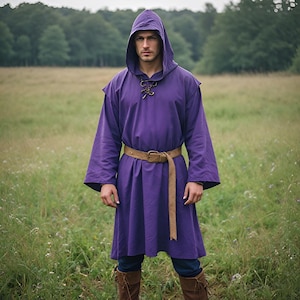 Purple Hooded Renaissance Tunic | Medieval Ren Fair Cosplay Robe | Exquisite Wizard Cosplay Costume | Mystic Fantasy Fashionable Attire