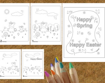 Osterausmal-Aktion für Kinder - Peppas und Georges Eiersuche - Frohe Ostern, fröhlicher Frühling - Geschenk für Kinder - zum sofortigen Download