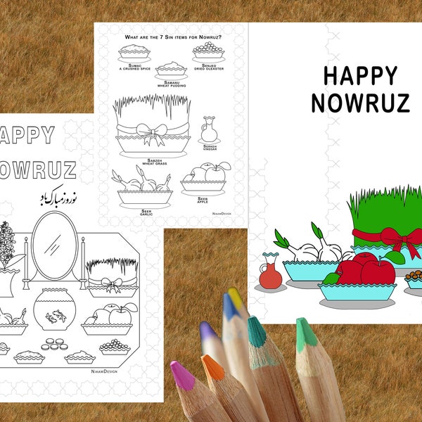 Printable Nowruz Coloring Sheets for Kids and Adults - Nowruz Activity - Persian New Year - 7 Sin Items - PDF Digital Download