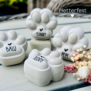 Small concrete paw with name, pet, memory, grave decoration, mourning, memorial stone, missing, memorial, farewell, animal gravestone, dog, cat, name