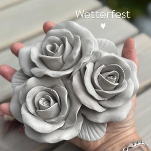 Könnte beinhalten: Eine Gruppe von drei grauen Rosenskulpturen. Die Rosen sind mit mehreren Blütenblättern detailliert und werden in einer Hand gehalten. Das Wort "Wetterfest" steht über den Rosen.
