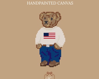 Americana Bear Sweater Handpainted Needlepoint Canvas Fourth of July Bear