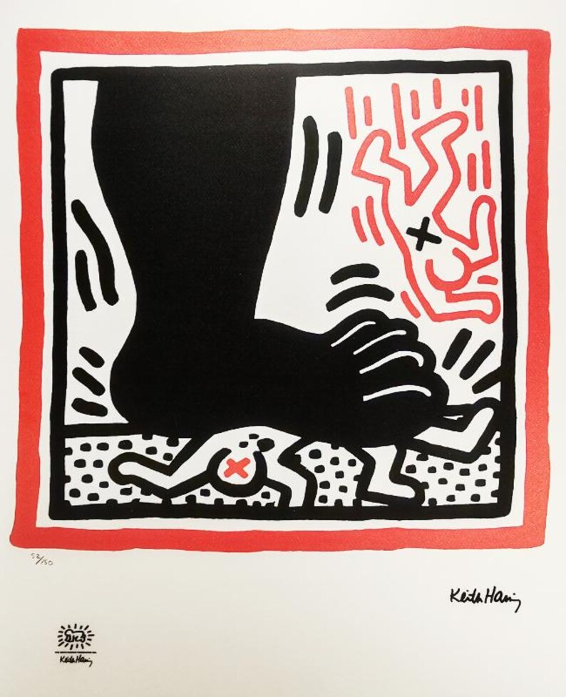 May include: A black and white print of a large foot stepping on a smaller figure. The smaller figure is red and has a red X on its chest. The background is black and white with a red border.