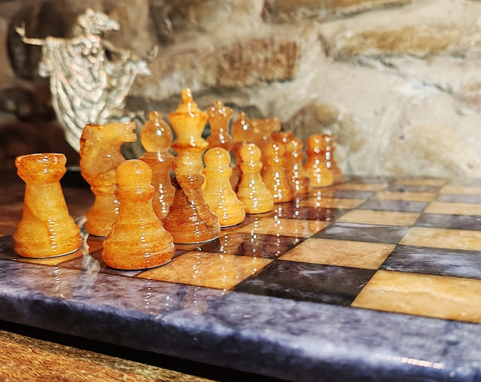 Featured listing image: 1970s Stunning Chess Set in Genuine Hand Carved Alabaster of Volterra - Black and Brown - Made in Italy