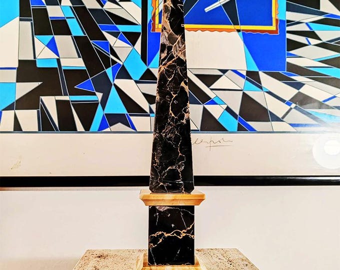 Featured listing image: 1970s Stunning Big Obelisk in Hand Carved Black Marble of Portoro and Yellow Marble of Siena - 43 h cm. Made in Italy.