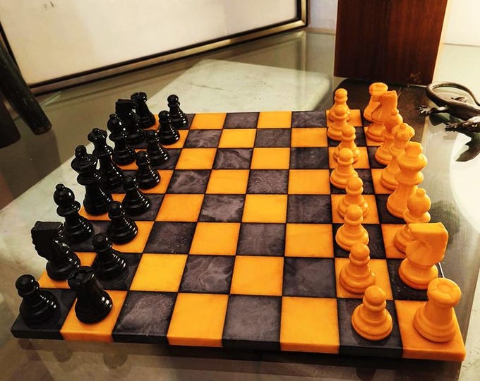 Featured listing image: 1970s Vintage Rare colors Luxury Chess Set in Genuine Hand carved Italian Alabaster of Volterra - Yellow and Black.