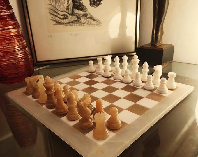 Featured listing image: 1970s Vintage Luxury Chess Set in Hand carved Italian Alabaster of Volterra - White and Natural Agate (Brown).