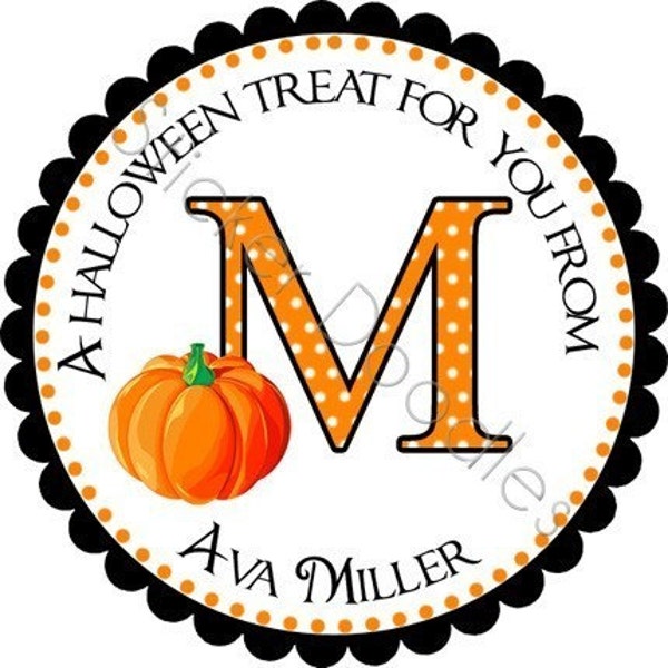 Sticker Doodles Personalized Stickers - HALLOWEEN MONOGRAM WITH PUMPKIN - Round White Matte Stickers - YOU CHOOSE THE SIZE- Halloween, Birthday, Holiday, Thank You, Party Favor, Label, Address Label, Product Packaging, Stationary, Invitation, Envelope