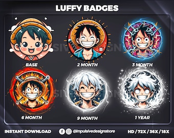 Insignes Luffy | Twitch | Discorde | Badges Kick Sub et badges Bit conçus pour les streamers. Comprend un lot de 6 badges Luffy.