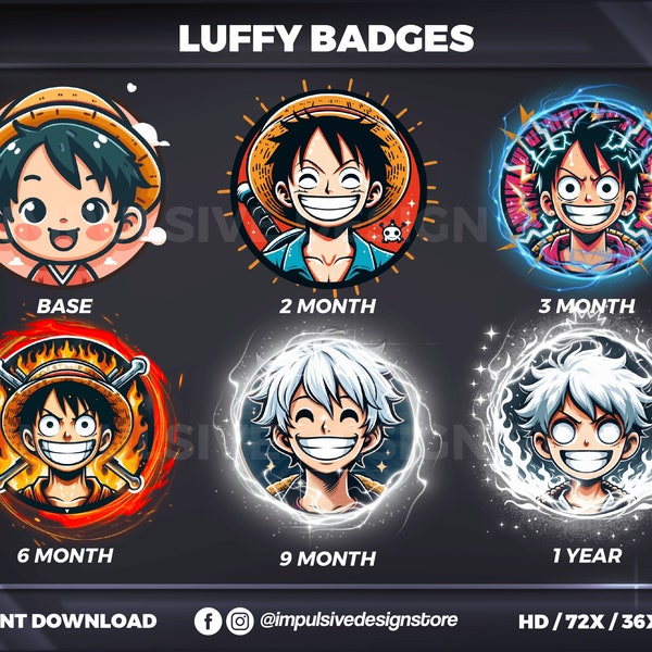 Insignes Luffy | Twitch | Discorde | Badges Kick Sub et badges Bit conçus pour les streamers. Comprend un lot de 6 badges Luffy.