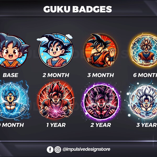 Badges Goku Super Saiyan | Badges Twitch Sub et Bit Badges conçus pour les streamers. Comprend un lot de 8 badges Super Saiyan Goku.