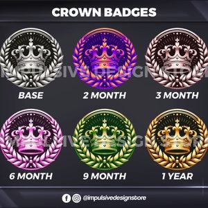 Crown Badges | Twitch Sub Badges And Bit Badges Crafted For Streamers. Includes A Set Of 6 Crown Badges.