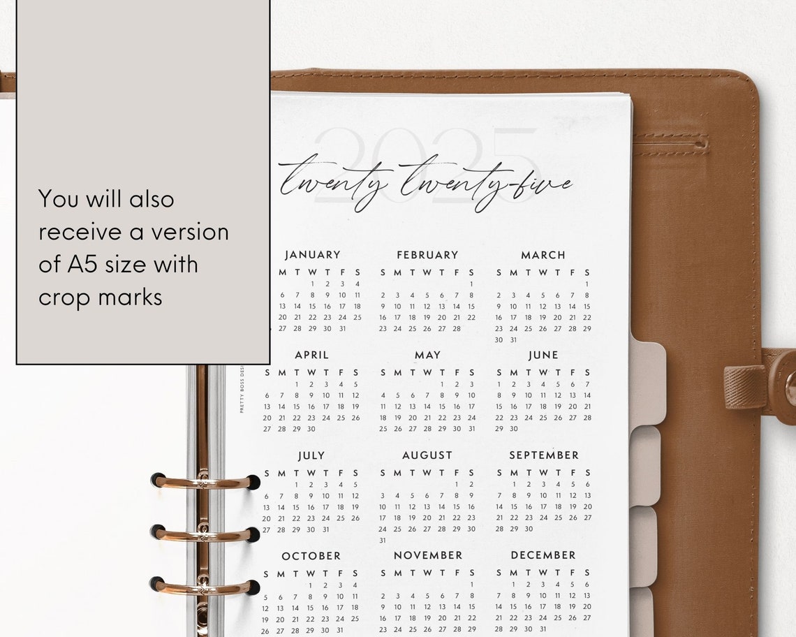 2025 Calendar Sheet, Year at a Glance Printable, Minimalist Calendar A4 ...