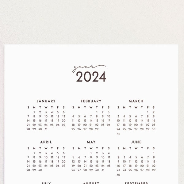 Calendario imprimible 2024, Año de un vistazo, Calendario minimalista / A4, A5, Carta de EE. UU., Tamaño medio