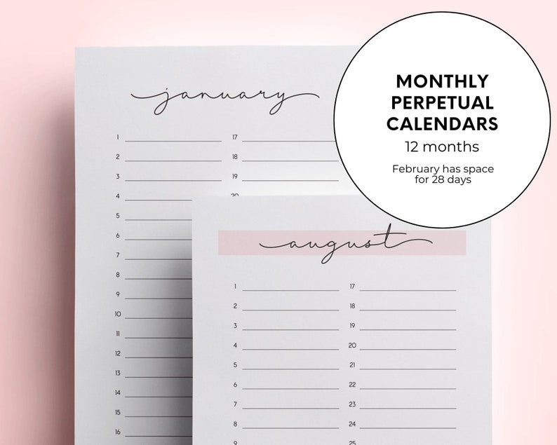 Perpetual Calendar Printable Birthday Calendar Printable Minimal ...