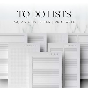 May include: Five printable to-do list templates in different styles, including lined, grid, and dotted paper. The templates are labeled "to do list" and are available in A4, A5, and US Letter sizes.