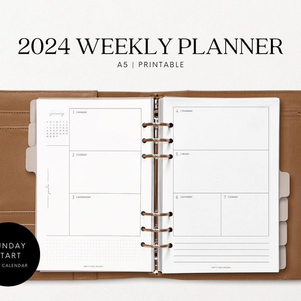 2024 A5 Weekly Planner Inserts Printable, Minimalist Style, Horizontal Planner, Sunday Start