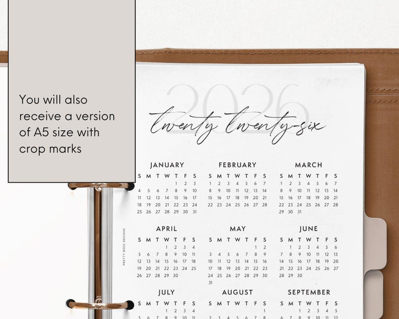 2026 Calendar Printable US Letter Size Planner Insert A4 Yearly