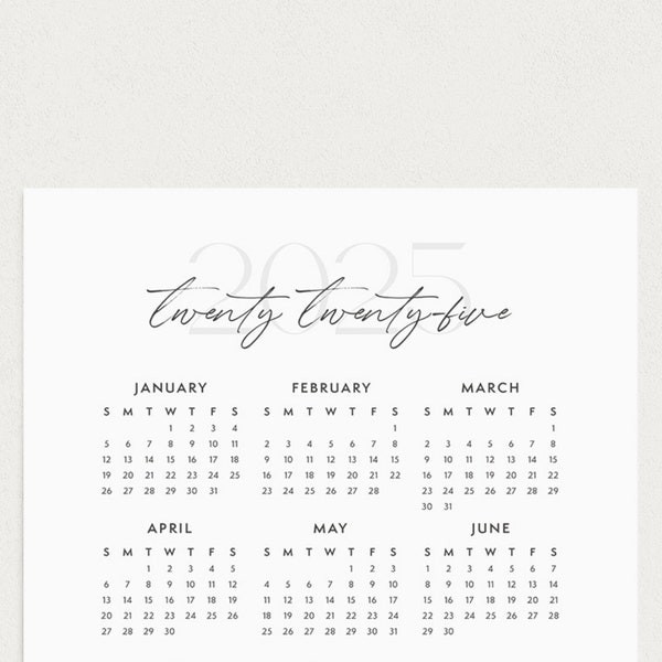 2025 Calendar Sheet, Year at a Glance Printable, Minimalist Calendar | A4, A5, US Letter, Half US Letter