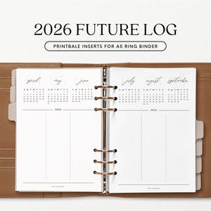 Puede incluir: Un inserto de calendario imprimible blanco para una carpeta de anillas A5. El calendario está dividido en tres secciones, con los meses de abril, mayo y junio en el lado izquierdo y julio, agosto y septiembre en el lado derecho. El calendario está etiquetado como "2026 Future Log".