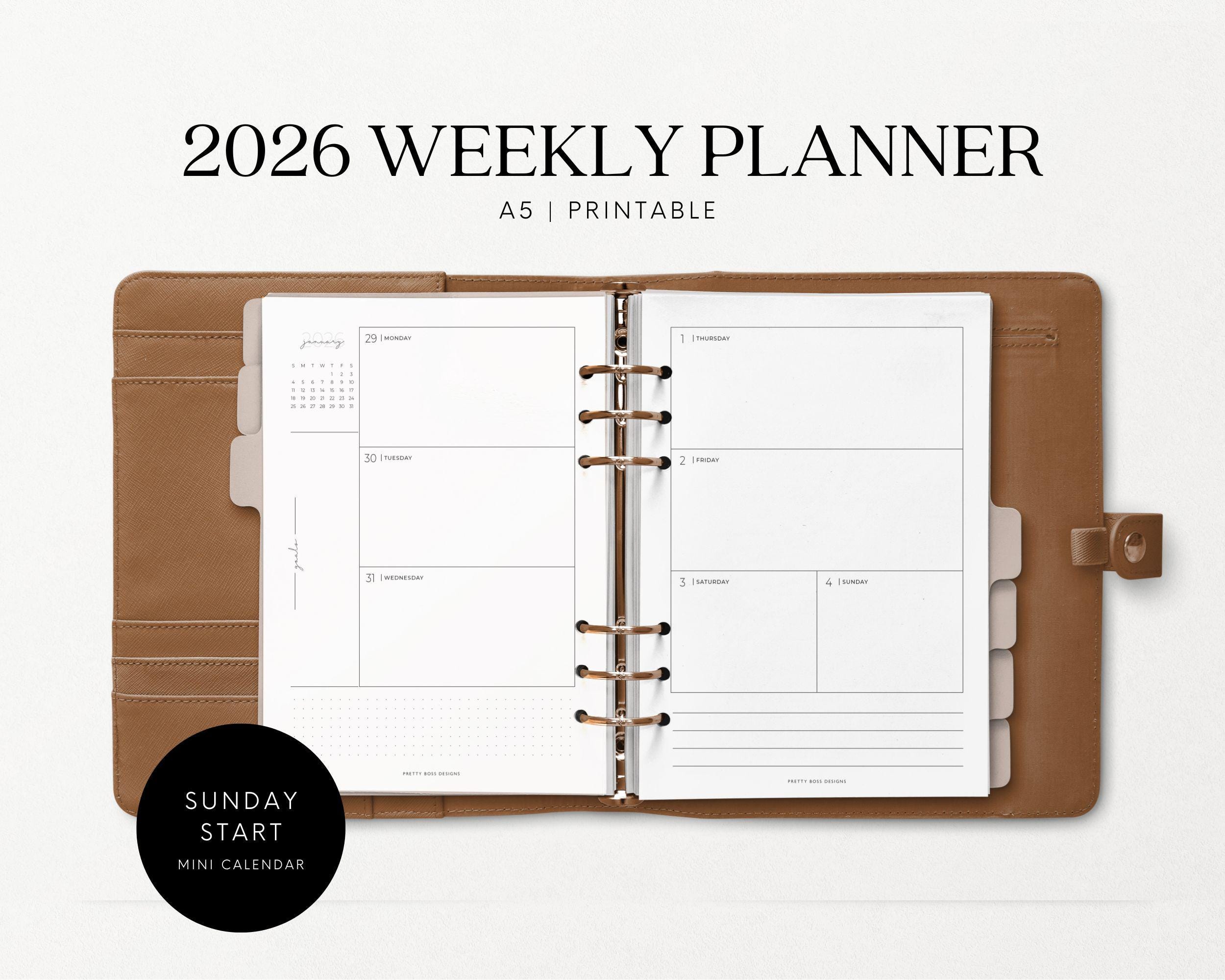 2026 A5 Weekly Planner Inserts, Printable Minimalist Horizontal Layout ...