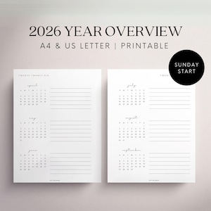 2026 Yearly Overview Planner Quarterly Calendar Future Log Printable A4 & US Letter