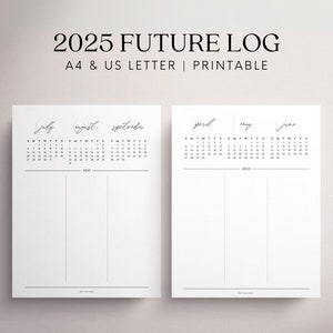 Planificador trimestral de resumen anual de registro futuro 2025, tamaño A4 y carta de EE. UU.