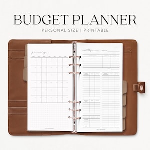 May include: A brown leather personal size budget planner with a monthly budget tracker and a calendar for January. The planner has a ring binding system and is printable.