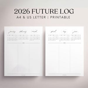 Puede incluir: Calendario imprimible 2026 para el registro futuro en blanco y negro. El calendario está dividido en dos páginas, cada una con tres meses. La primera página incluye enero, febrero y marzo. La segunda página incluye abril, mayo y junio. El calendario está diseñado para los tamaños A4 y US letter.