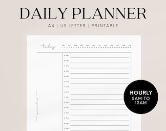 May include: A printable daily planner with a simple design. The planner is divided into hourly sections from 5 AM to 12 AM. There is a space for priorities and a calendar for the year.