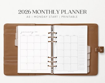 A5 Monthly Planner Refill 2026 Printable 2 Page Calendar Insert Monday Start
