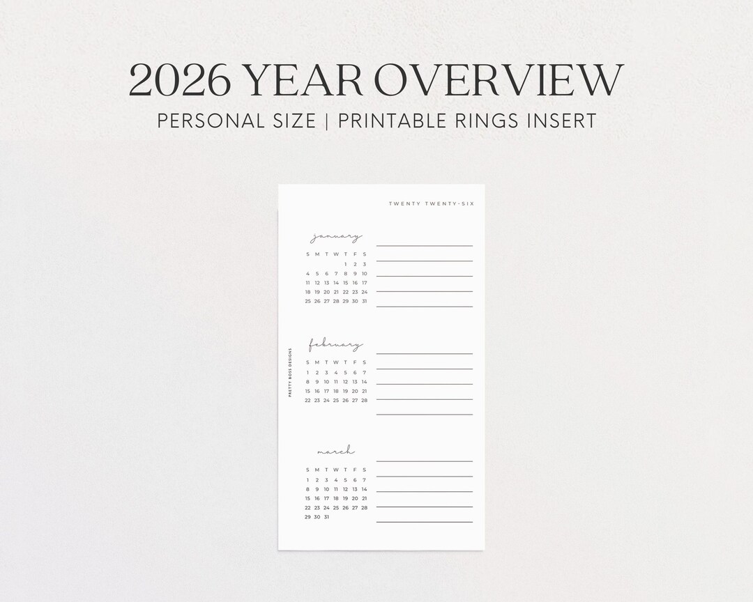 Yearly Overview 2026 Personal Printable Quarterly Calendar Insert for ...