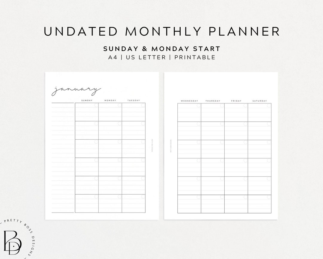 Printable Monthly Calendar With Lines Undated Monthly Planner A4 US Printable Monthly Calendar With Lines Undated Monthly Planner A4 US