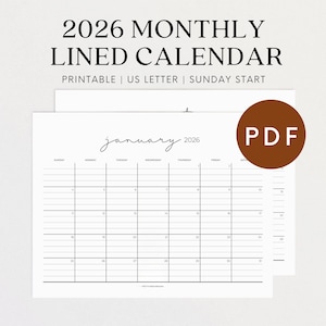 May include: A printable 2026 monthly lined calendar with a Sunday start. The calendar is white with black lines and text. The month of January is displayed in a handwritten font. A brown circle with the text "PDF" is in the image.
