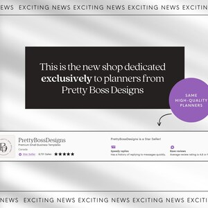 Text on top and bottom. Black rectangle advising Pretty Boss Design planners can not be found in this shop. Purple circle with arrow pointing to screenshot of original Etsy shop stats.