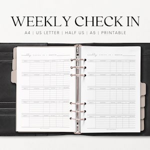 May include: A white printable weekly check-in planner with a black and silver binder. The planner has sections for each week of the month, with columns for category, budget, actual, and balance.