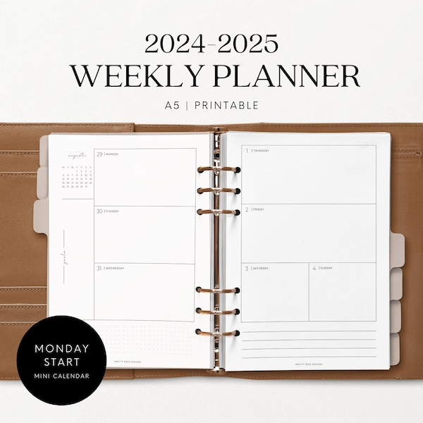 A5 2024-2025 Weekly Planner Inserts Printable Minimalist Planner Horizontal Style, August 2024 to July 2025 | Monday Start