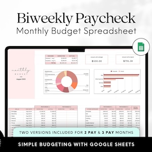 Könnte beinhalten: Ein Computerbildschirm zeigt eine Vorlage für eine monatliche Haushaltsbudget-Tabelle mit zweiwöchentlichem Gehaltsscheck in Google Sheets. Die Tabelle soll Benutzern helfen, ihre Einnahmen, Ausgaben und Ersparnisse zu verfolgen. Die Tabelle enthält ein Kreisdiagramm, das die Aufschlüsselung der Ausgaben zeigt, ein Balkendiagramm, das den ausgegebenen Betrag in verschiedenen Kategorien zeigt, und eine Tabelle, die die erwarteten und tatsächlichen Einnahmen und Ausgaben für jede Gehaltsperiode zeigt. Die Tabelle enthält auch einen Abschnitt zur Verfolgung anderer Ausgaben, wie z. B. Lebensmittel, Essen gehen und Unterhaltung.
