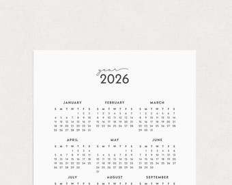2026 Calendar Printable, Year at a Glance, A5 A4 US Letter Half Size (PDF)