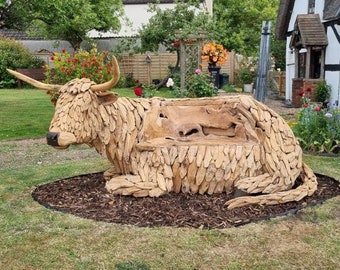 Driftwood Cow Sculpture Bench